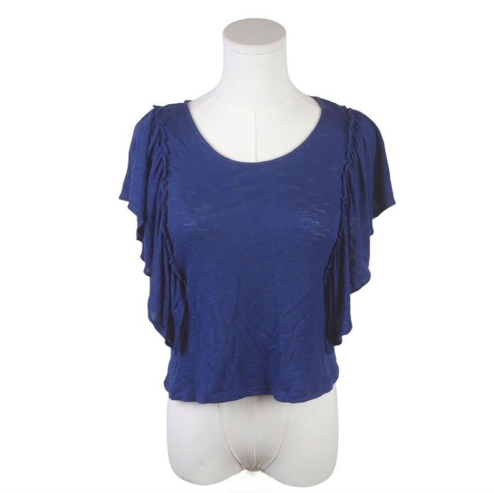 a.n.a XS Navy Flutter Sleeve Slub Knit Top Ruffle Boho Romantic Tee